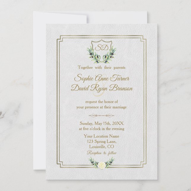 Royal Gold Crest Lush Greenery Monogram Wedding Invitation (Front)