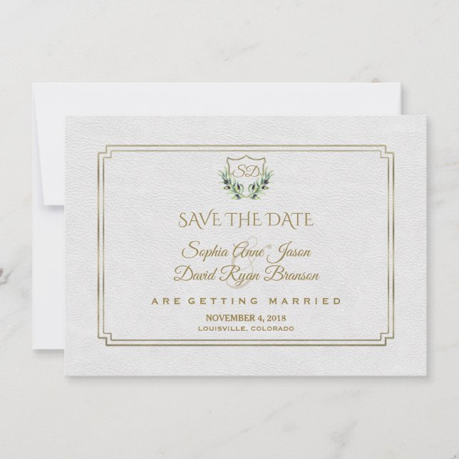 Royal Gold Crest Lush Greenery Save The Date (Front)
