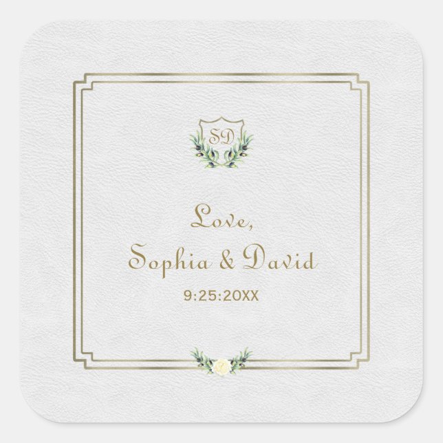 Royal Gold Crest Lush Greenery Wedding Square Sticker (Front)