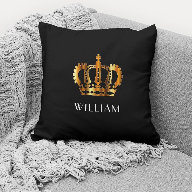Royal Gold Crown Personalised Name Black Cushion (Creator Uploaded)