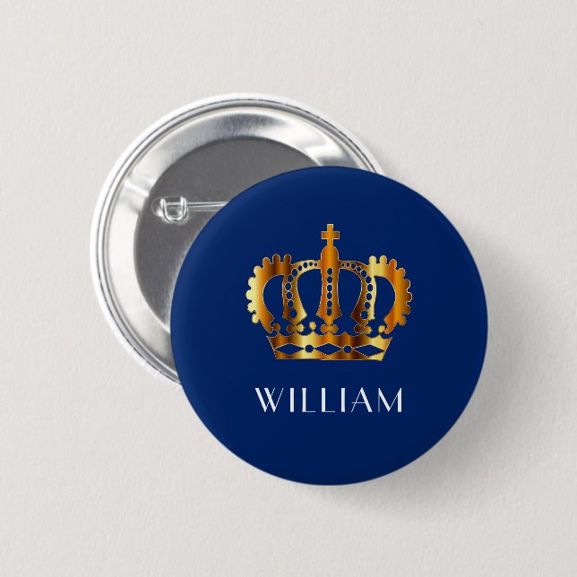 Royal Gold Crown Personalised Name Blue  6 Cm Round Badge (Front & Back)