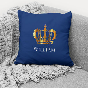 Royal Gold Crown Personalised Name Blue Cushion