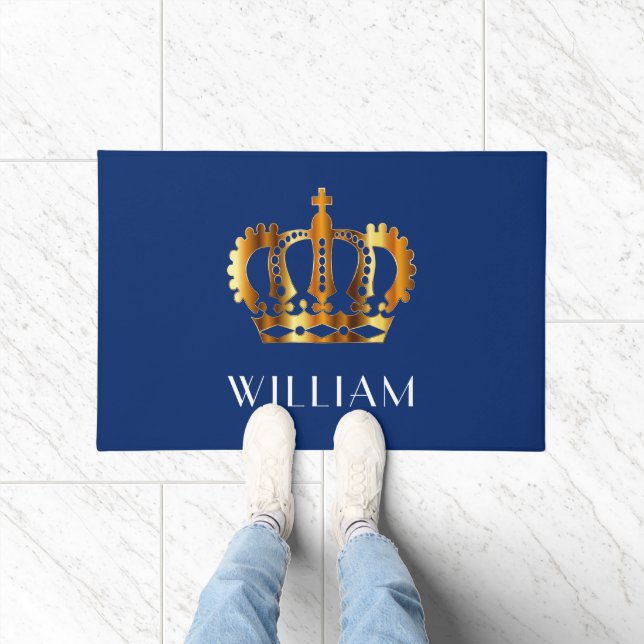 Royal Gold Crown Personalised Name Blue Doormat (Indoor)