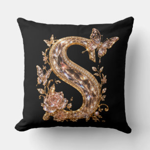 Royal Gold Crystal Letter S   Luxury Monogram Cushion