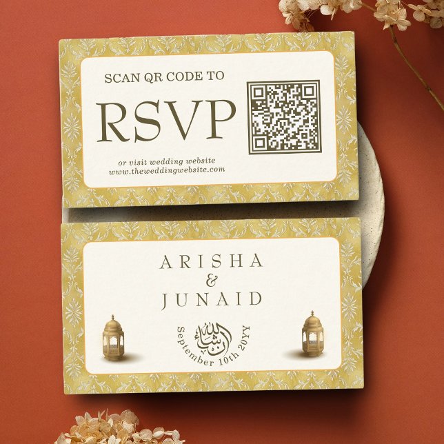 Royal Gold Damask Muslim QR Code RSVP Wedd Website Enclosure Card (Creator Uploaded)