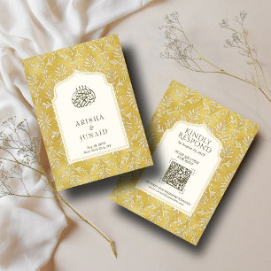 Royal Gold Damask Muslim QR Code RSVP Wedd Website Enclosure Card