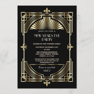 Royal Gold Fleur-de-lis Art Deco New Year Party Invitation