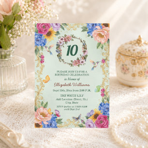 Royal Gold Floral Hummingbirds 10th Birthday Party Invitation