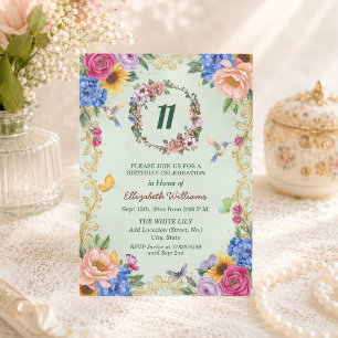 Royal Gold Floral Hummingbirds 11th Birthday Party Invitation