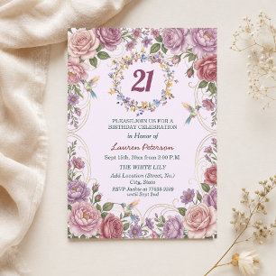 Royal Gold Floral Hummingbirds 21st Birthday Party Invitation