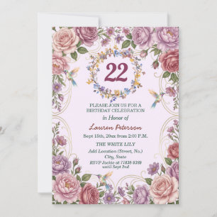 Royal Gold Floral Hummingbirds 22nd Birthday Party Invitation