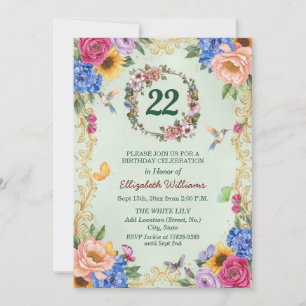 Royal Gold Floral Hummingbirds 22nd Birthday Party Invitation