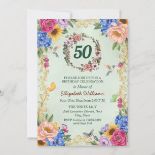 Royal Gold Floral Hummingbirds 50th Birthday Party Invitation