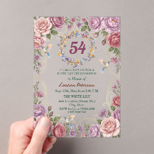 Royal Gold Floral Hummingbirds 54th Birthday Party Acrylic Invitations