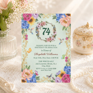 Royal Gold Floral Hummingbirds 74th Birthday Party Invitation