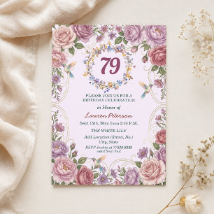 Royal Gold Floral Hummingbirds 79th Birthday Party Invitation