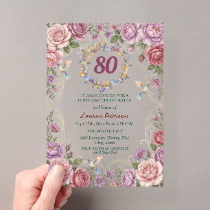 Royal Gold Floral Hummingbirds 80th Birthday Party Acrylic Invitations