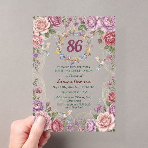 Royal Gold Floral Hummingbirds 86th Birthday Party Acrylic Invitations