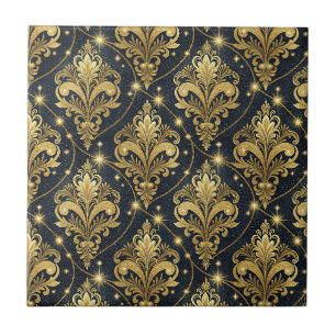Royal Gold Glitter Damask Regal Palace Pattern Art Ceramic Tile