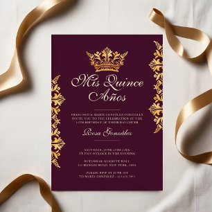 Royal Gold Leaf Crown Elegant Burgundy Quinceañera Invitation