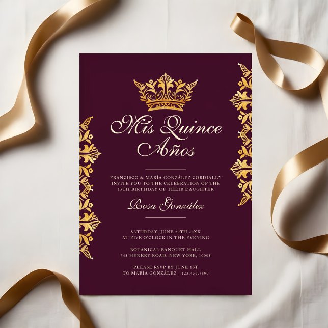 Royal Gold Leaf Crown Elegant Burgundy Quinceañera Invitation (Royal Gold Leaf Crown Elegant Burgundy Quinceañera Invitation)