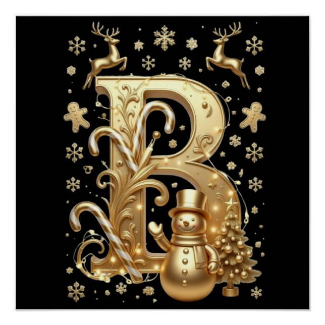 Royal Gold Letter B Luxury Snowman Glossy Poster  (Front)
