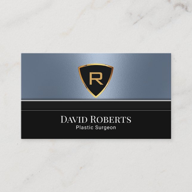 Royal Gold Logo Plastic Surgeon Dusty Blue Metal Business Card (Front)