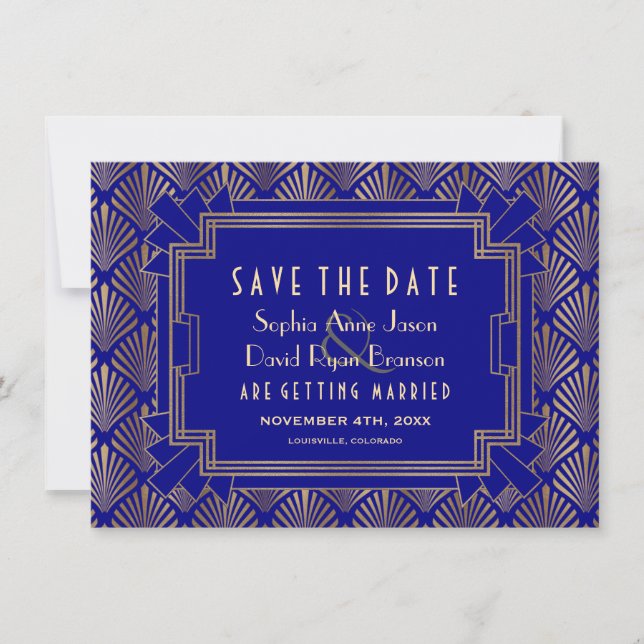 Royal Gold Navy Blue Great Gatsby 20s Wedding Save The Date (Front)
