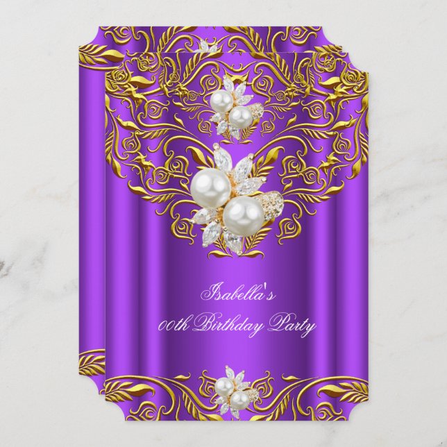 Royal Gold on Purple Pearl Elegant Birthday Party Invitation (Front/Back)
