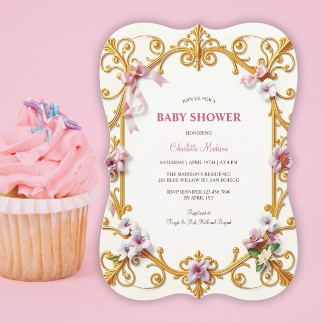 Royal Gold Rococo Pink Floral Girl Baby Shower Invitation (Royal Gold Rococo Pink Floral Girl Baby Shower Invitation)