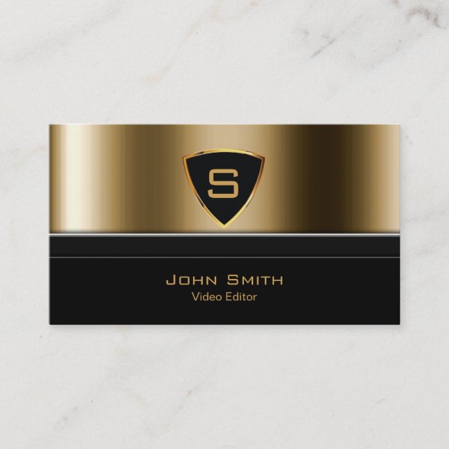 Royal Gold Shield Video Editor Business Card (Front)