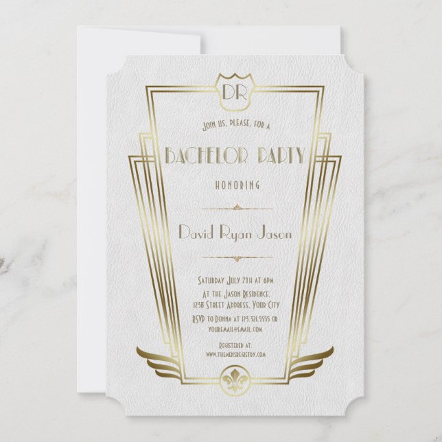Royal Gold White Art Deco Monogram Bachelor Party Invitation (Front)