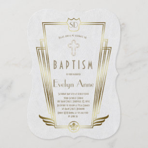 Royal Gold White Art Deco Monogram Baptism Invitation