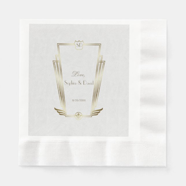 Royal Gold White Art Deco Monogram Wedding Napkin (Front)