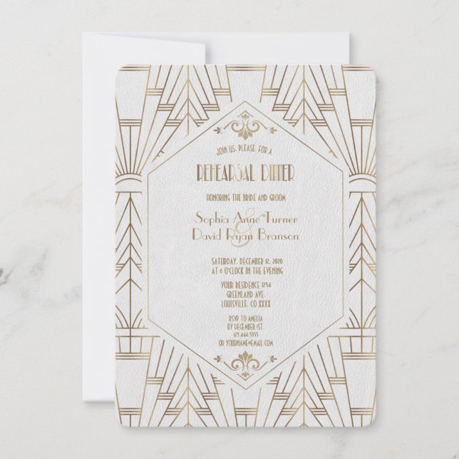 Royal Gold White Great Gatsby Rehearsal Dinner Invitation (Front)