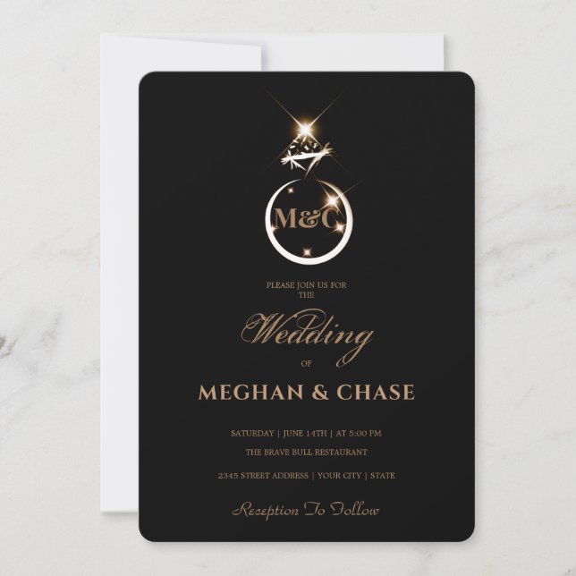 Royal Golden Diamond Ring Monogram Black Wedding Invitation (Front)