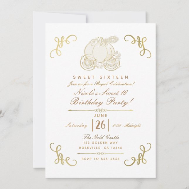 Royal Golden Gold Pumpkin Carriage Sweet 16 Party Invitation (Front)