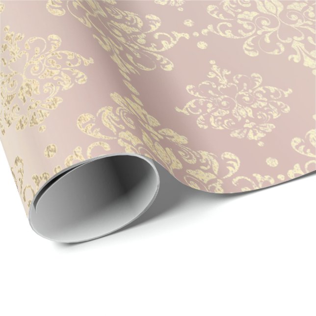 Royal Golden Pink Rose Metallic  Floral Princess Wrapping Paper (Roll Corner)
