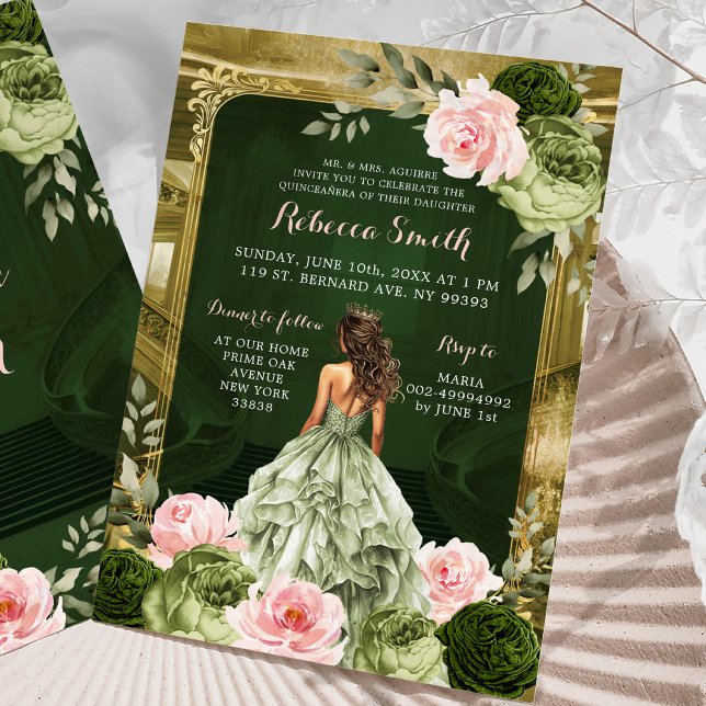 Royal Grand Palace Blush Pink Sage Green 15 Años Invitation (Creator Uploaded)