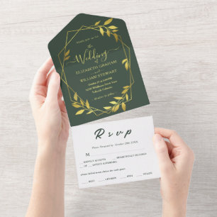 Royal Green Botanical Elegant Geometric Wedding All In One Invitation