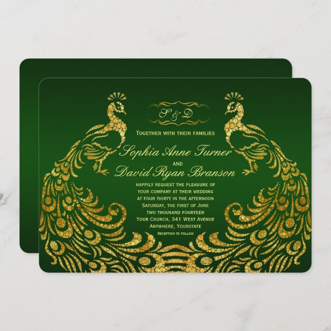 Royal Green Gold Peacock Wedding Invitation (Front/Back)