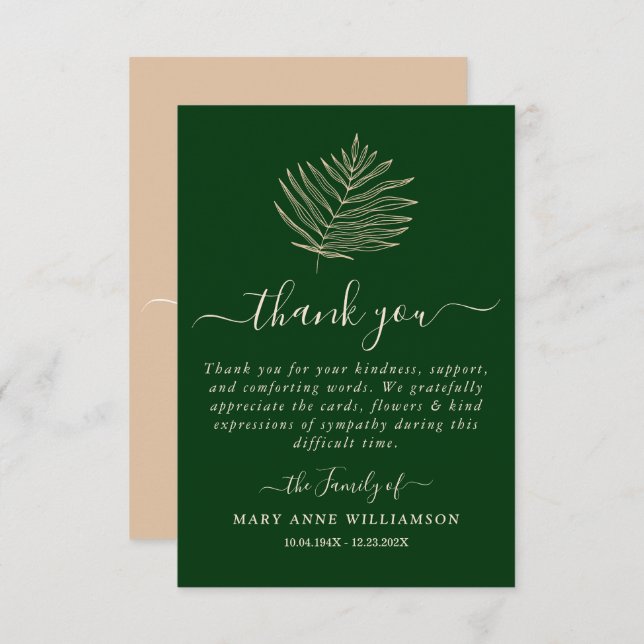 Royal Green Minimal Script Funeral Thank You Card (Front/Back)