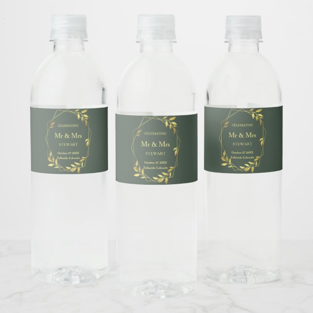 Royal Green Minimalist Botanical Wedding Water Bottle Label (Bottles)