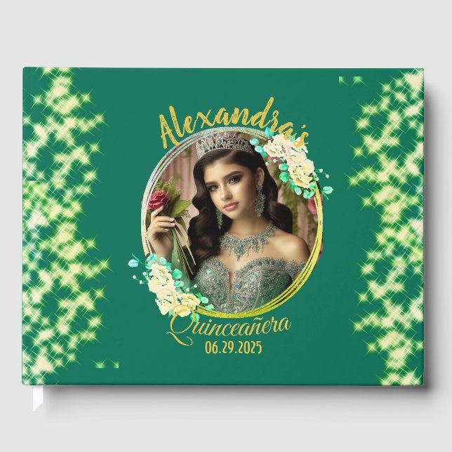Royal Green Photo Boho Quinceañera Spanish  Guest Book (Front)