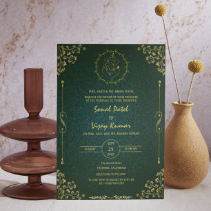 Royal Indian Hindu Wedding Ganesha Logo Golden Invitation