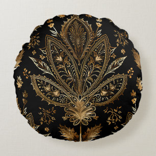 Royal Indian Luxury Black & Gold Round Cushion
