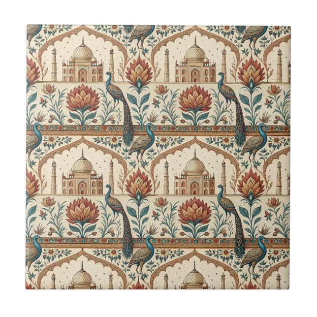 Royal Indian Palace Peacock Floral Pattern Artwork Ceramic Tile (Front)