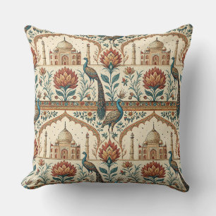 Royal Indian Palace Peacock Floral Pattern Artwork Cushion