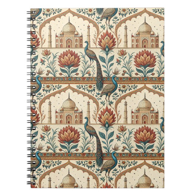 Royal Indian Palace Peacock Floral Pattern Artwork Notebook (Front)