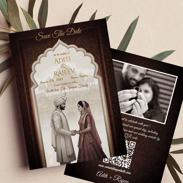 Royal Indian Palace Wedding Save The Date QR Code Invitation (Royal Indian Wedding Save The Date with Couple Image and QR Code in the backside.)